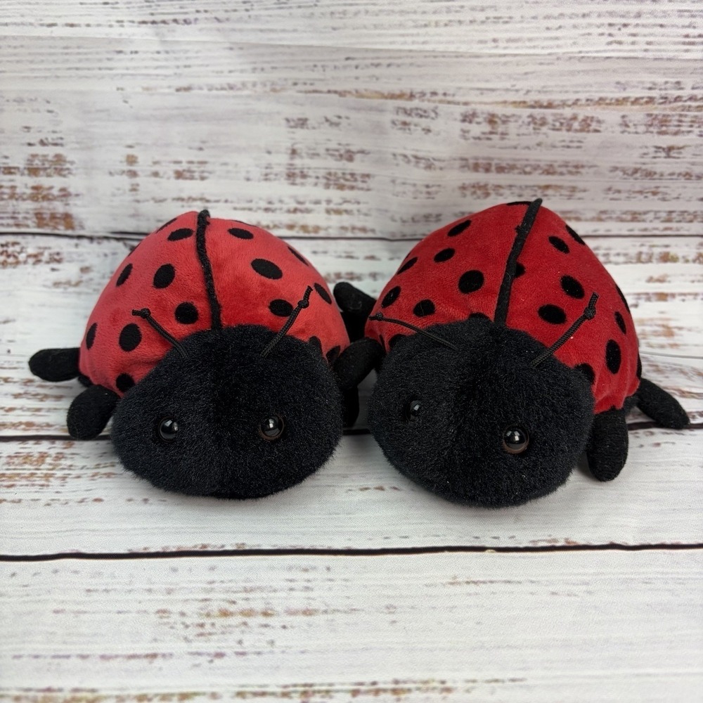 (2) Aurora World Mini Flopsy Ladybug Ladybird Plush Stuffed Animal 6" Red Black